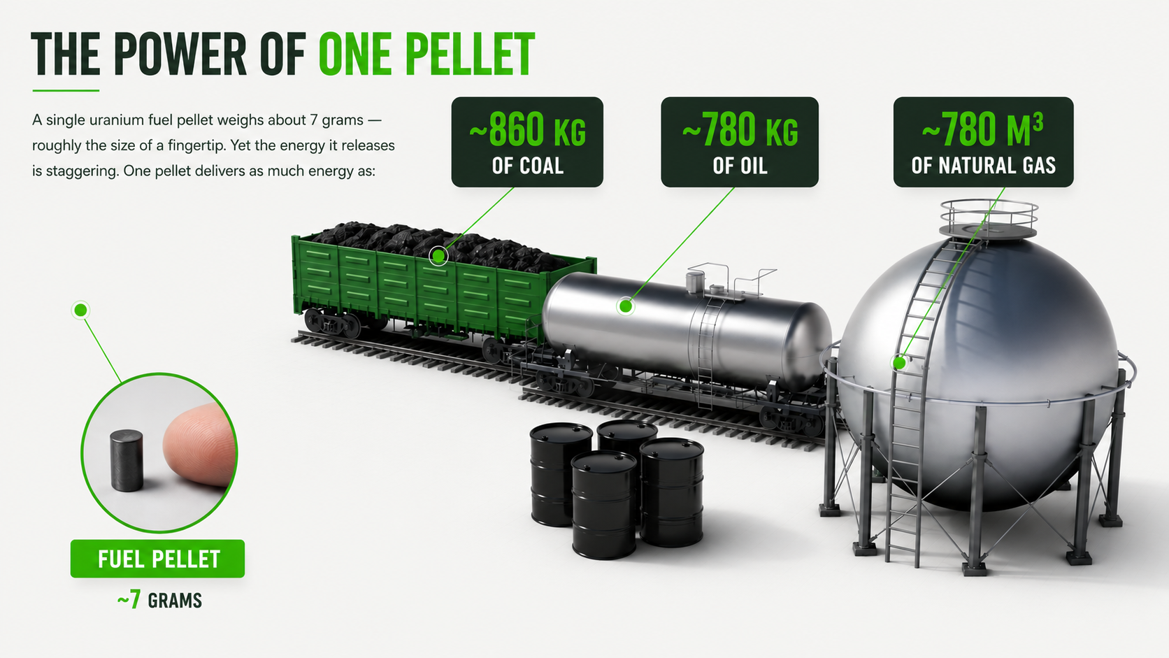 The power of one uranium fuel pellet: ~7 grams delivers the same energy as ~860 kg of coal, ~780 kg of oil, or ~780 m³ of natural gas