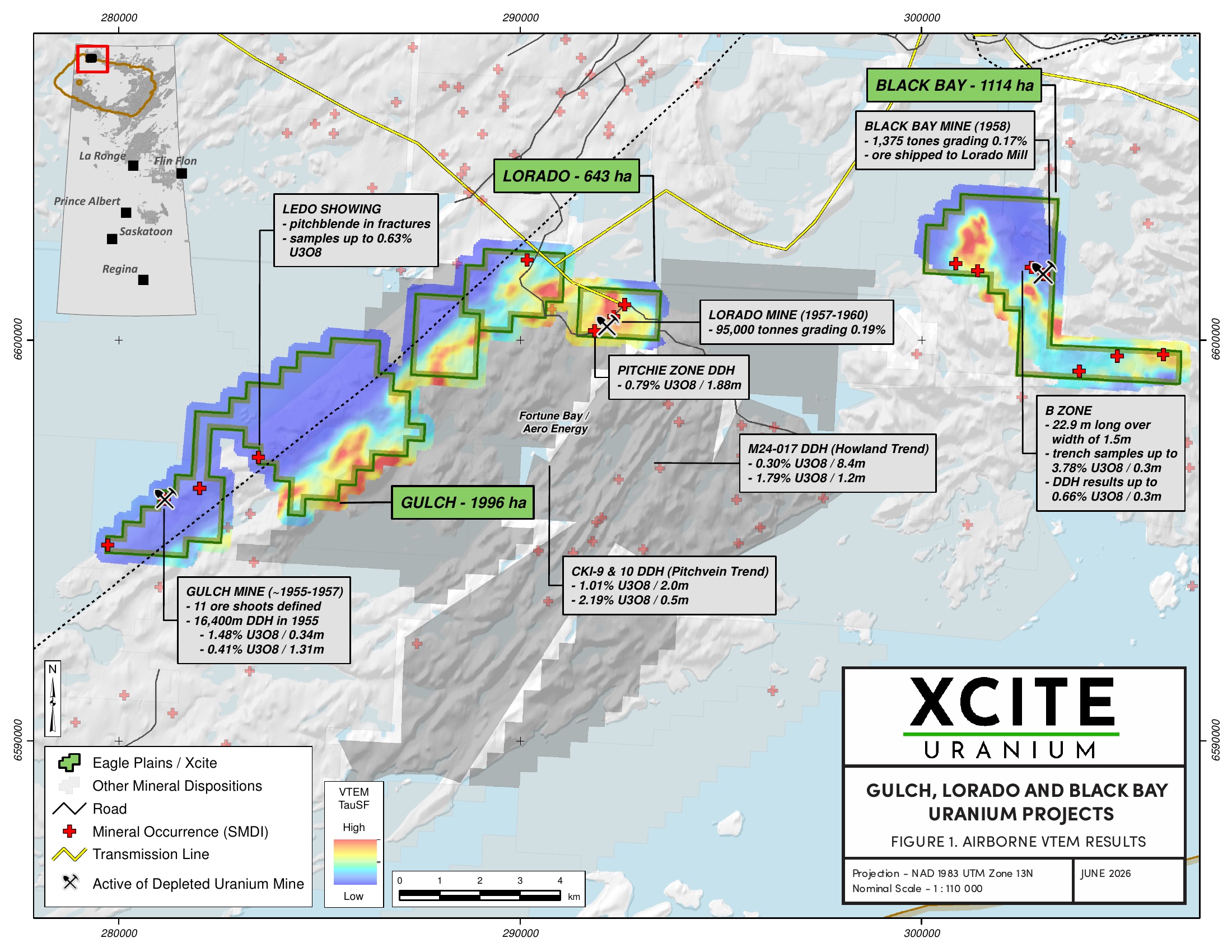 Figure 1. Gulch, Lorado and Black Bay Uranium Projects – Airborne VTEM Results